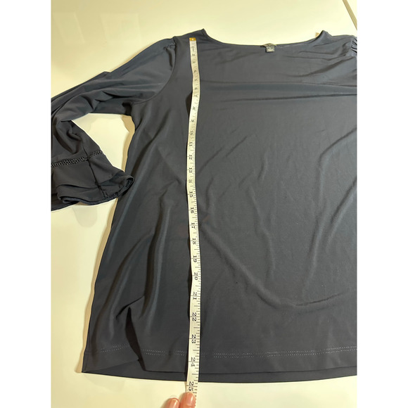 Women L Ann Taylor blue floral 3/4 sheer sleeve crew neck blouse top shirt work - Picture 8 of 10